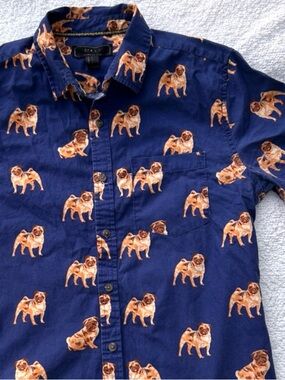 Button down shirt pug dog print men’s small blue and tan casual cotton